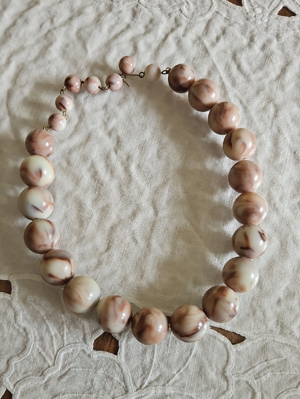 Handmade Cream and Pink Marbled Bead Necklace